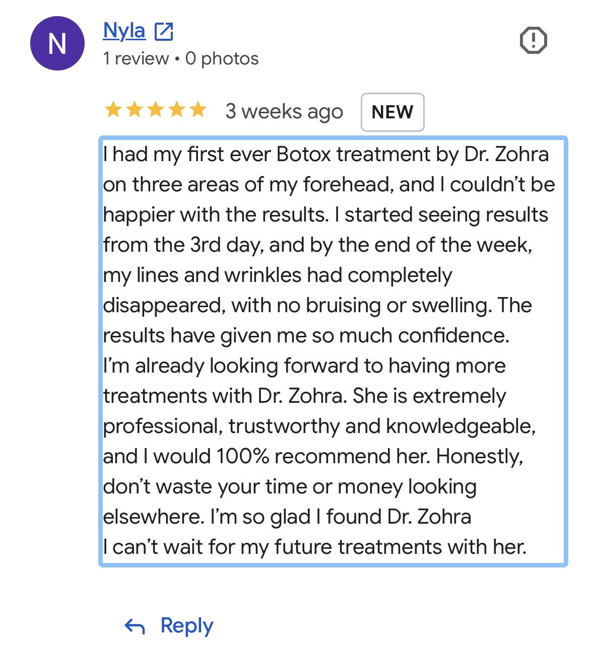 Client review of Botox treatment with Dr Zohra