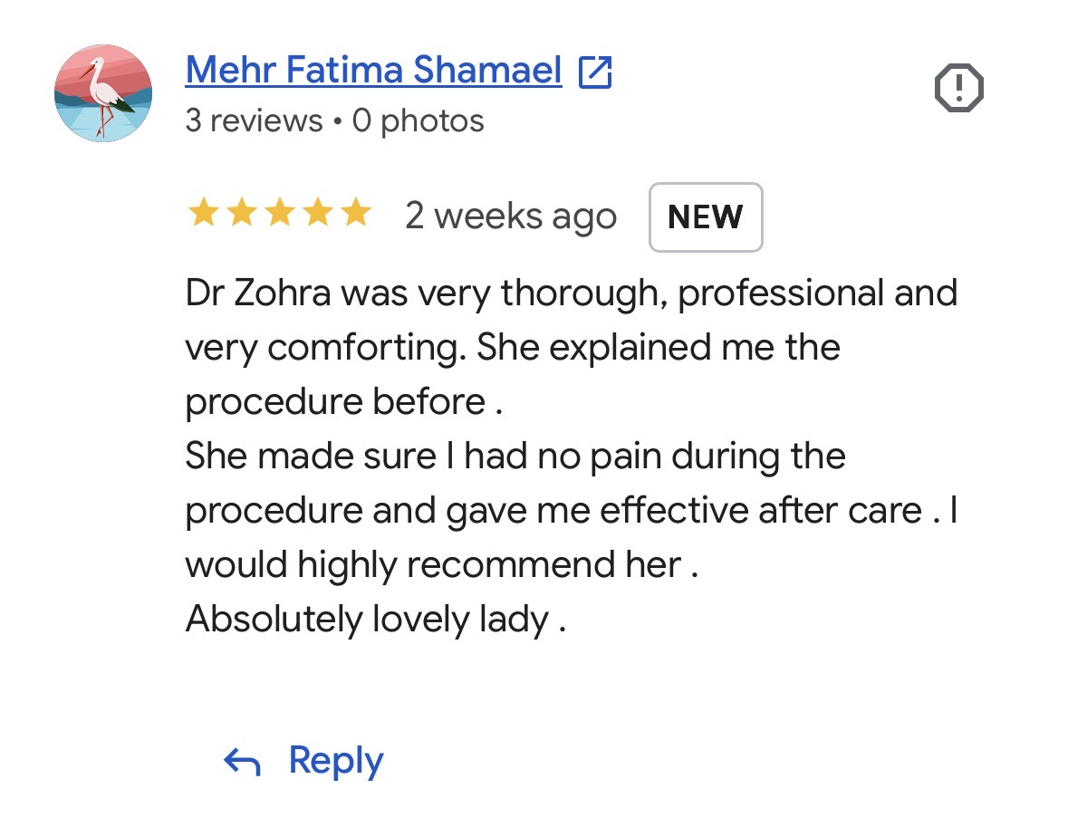 Patient review for Dr Zohra Aesthetics