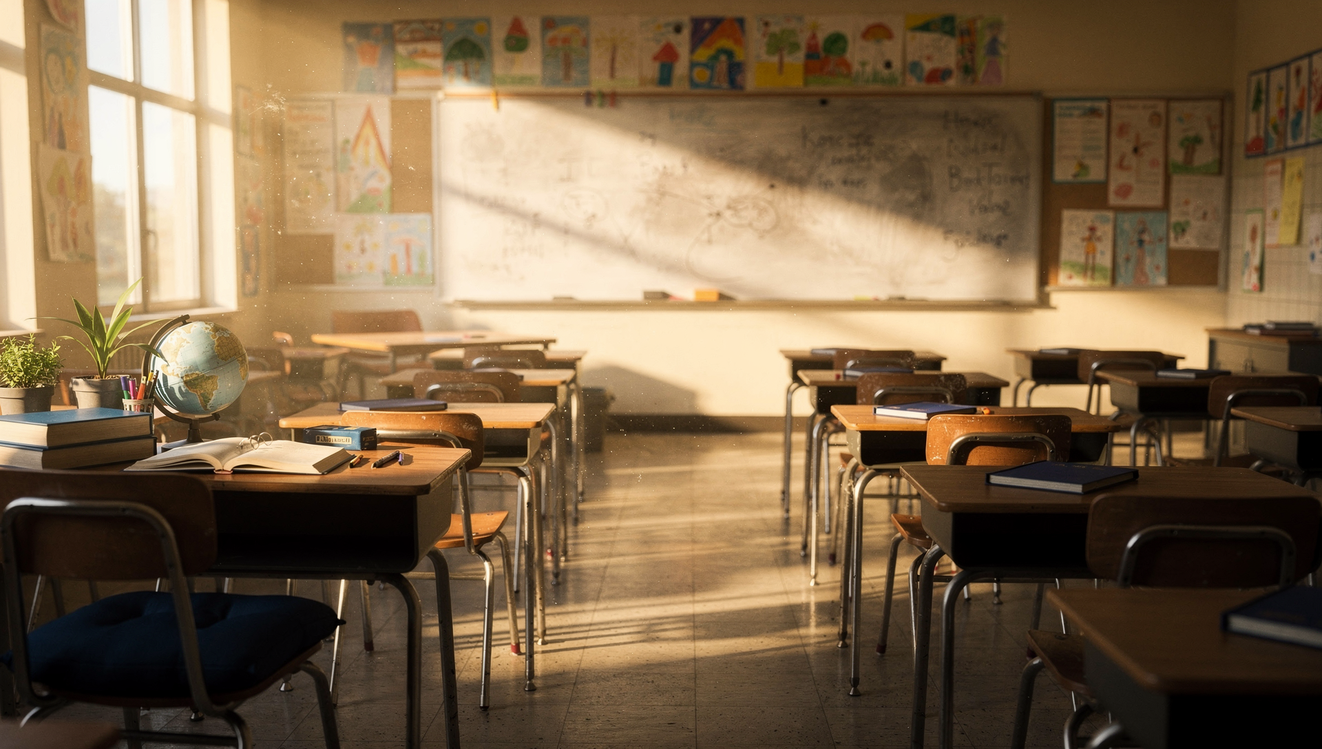 An empty classroom of vacant desks in warm early-morning light.
