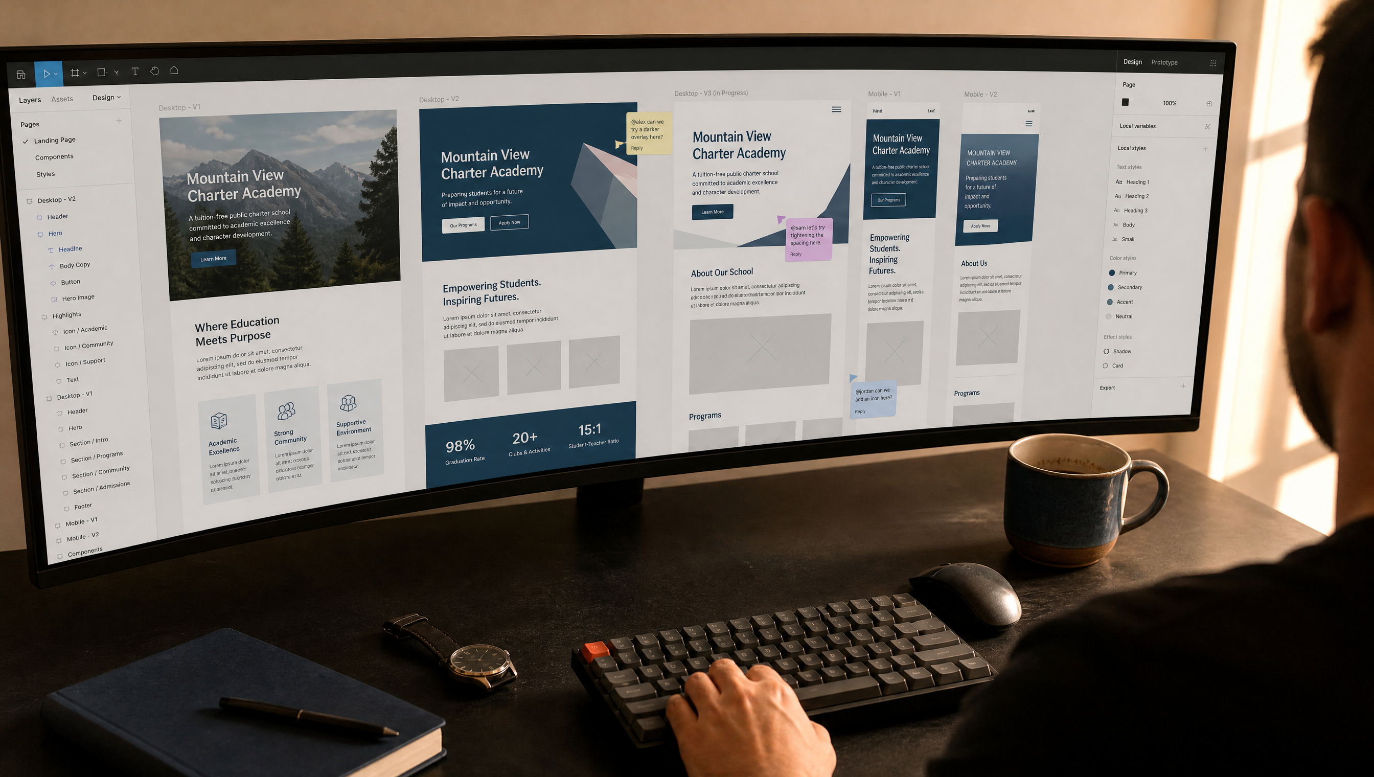 Someone reviews a charter school's website on a wide monitor in a warm office.