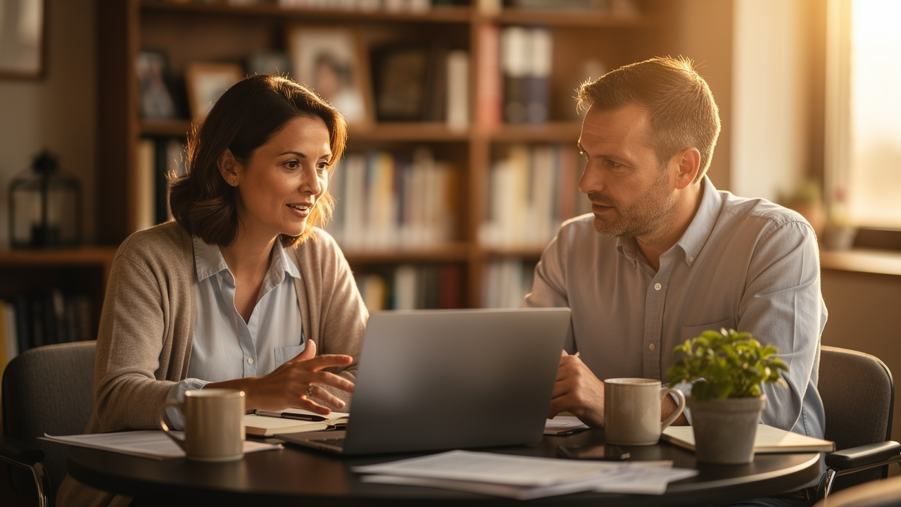 Two education professionals talk through a laptop together at a table, mid-conversation, in a warm light-filled office.