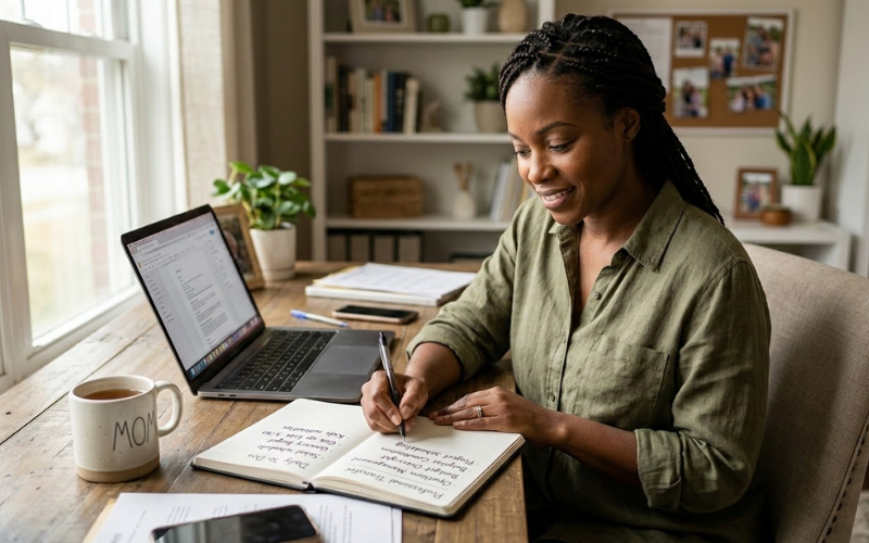 Woman writing while reviewing work notes