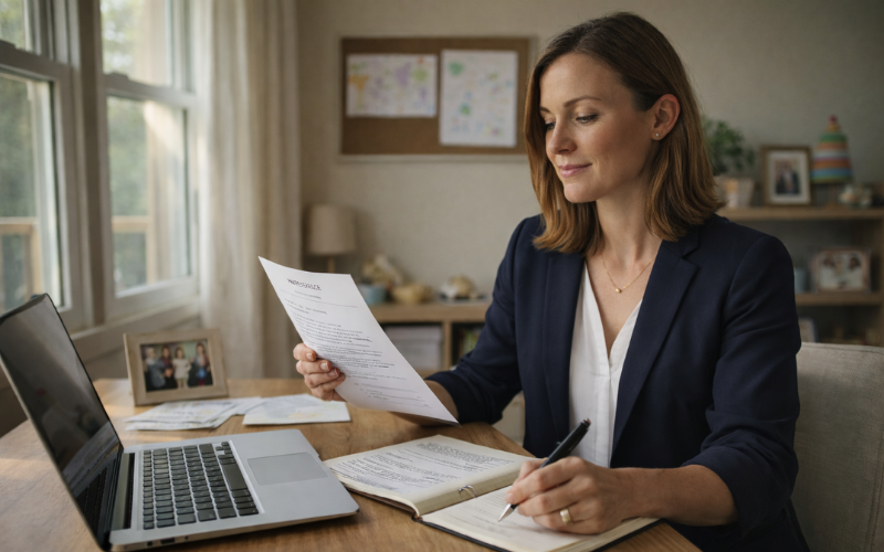 Professional woman reviewing documents confidently