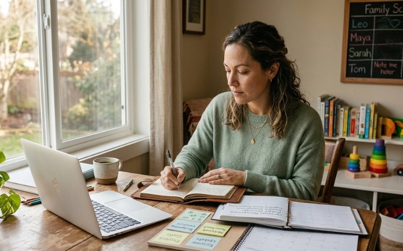 Woman organizing notes and working at a desk