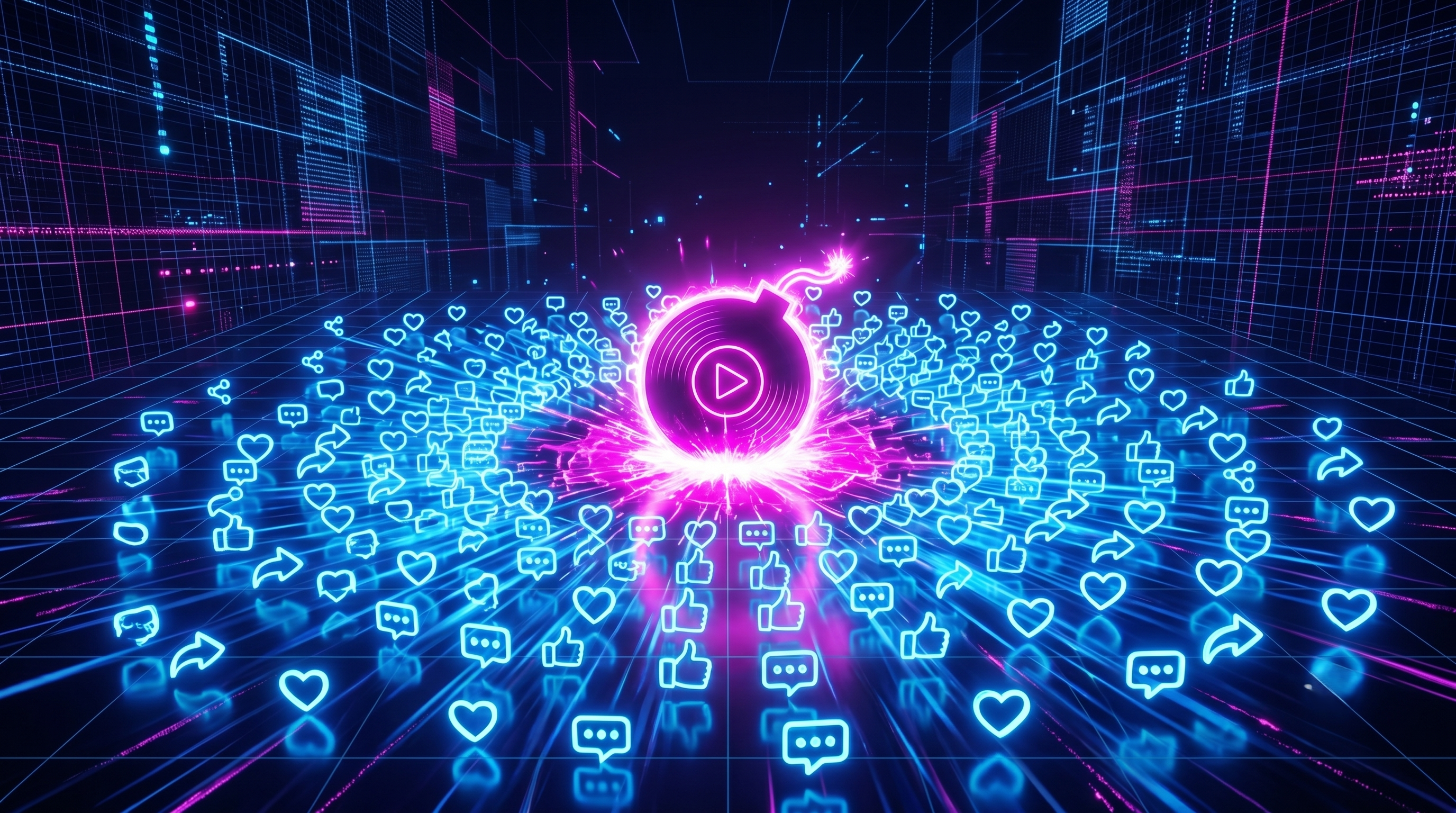 3D illustration of a content bomb exploding into likes, shares, and social media engagement icons for DJs.