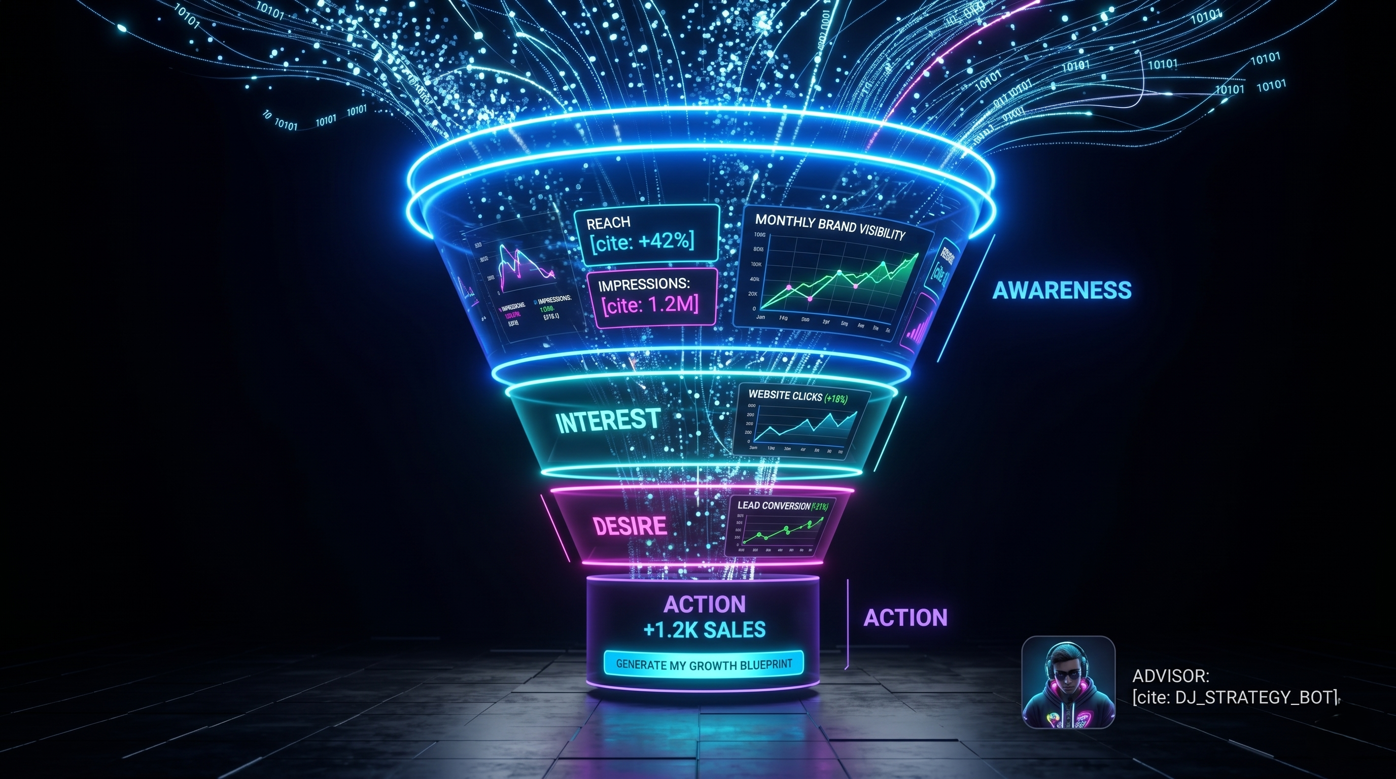 A futuristic 3D visualization of the top-of-funnel marketing stage, showing a glowing electric blue wide-angle funnel section capturing digital light-data streams.