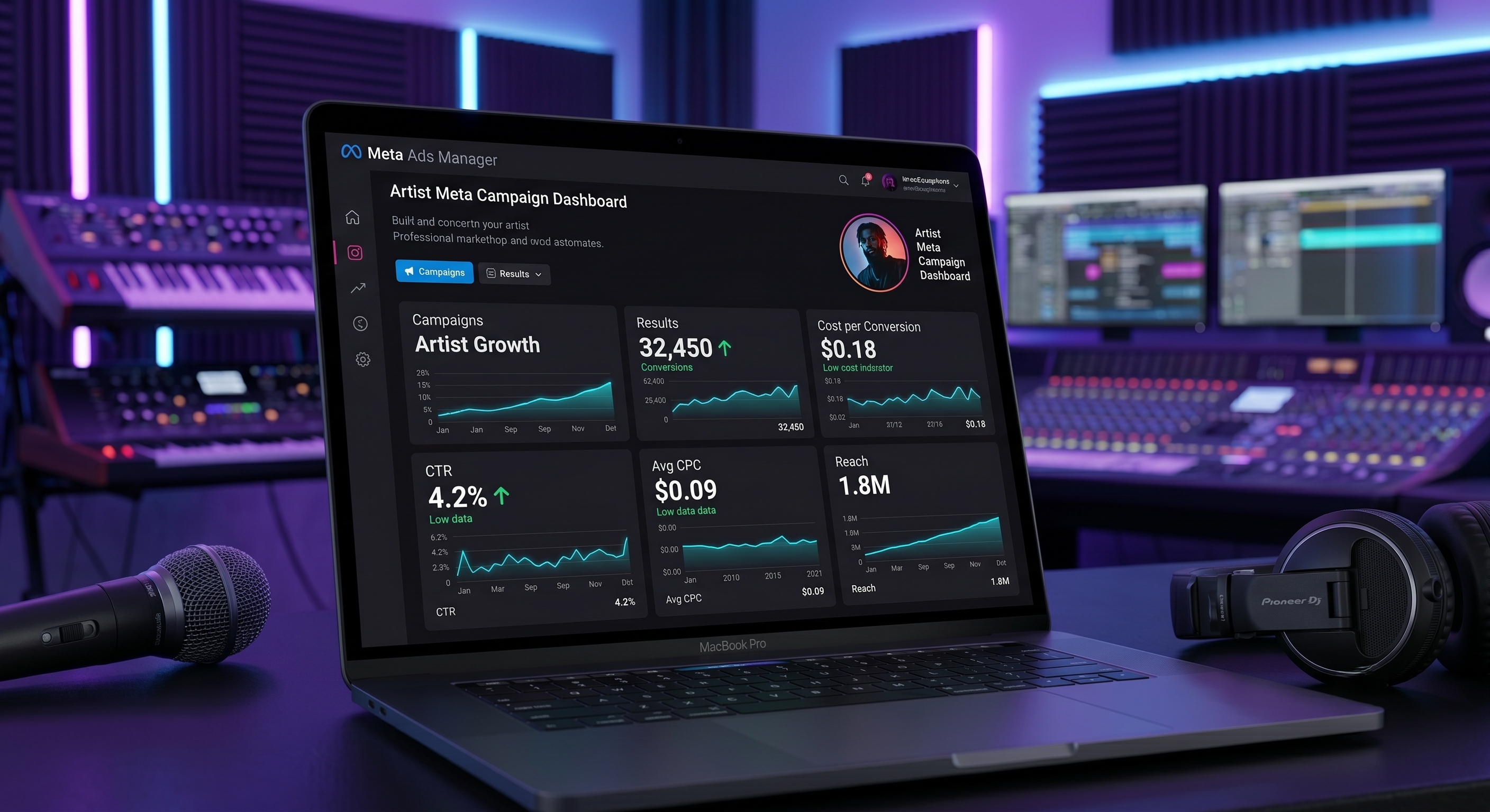 A cinematic close-up of a high-performance Meta Ads Manager interface running on a laptop, displaying active green growth metrics for an artist's campaign, surrounded by a realistic neon magenta studio glow.
