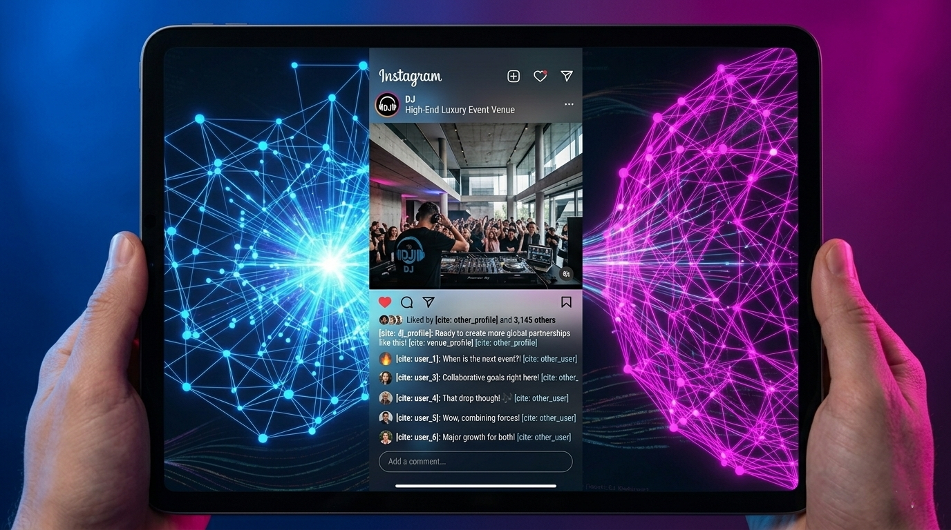 Futuristic network diagram showing a glowing bridge connecting a DJ's audience with an influencer's larger network.