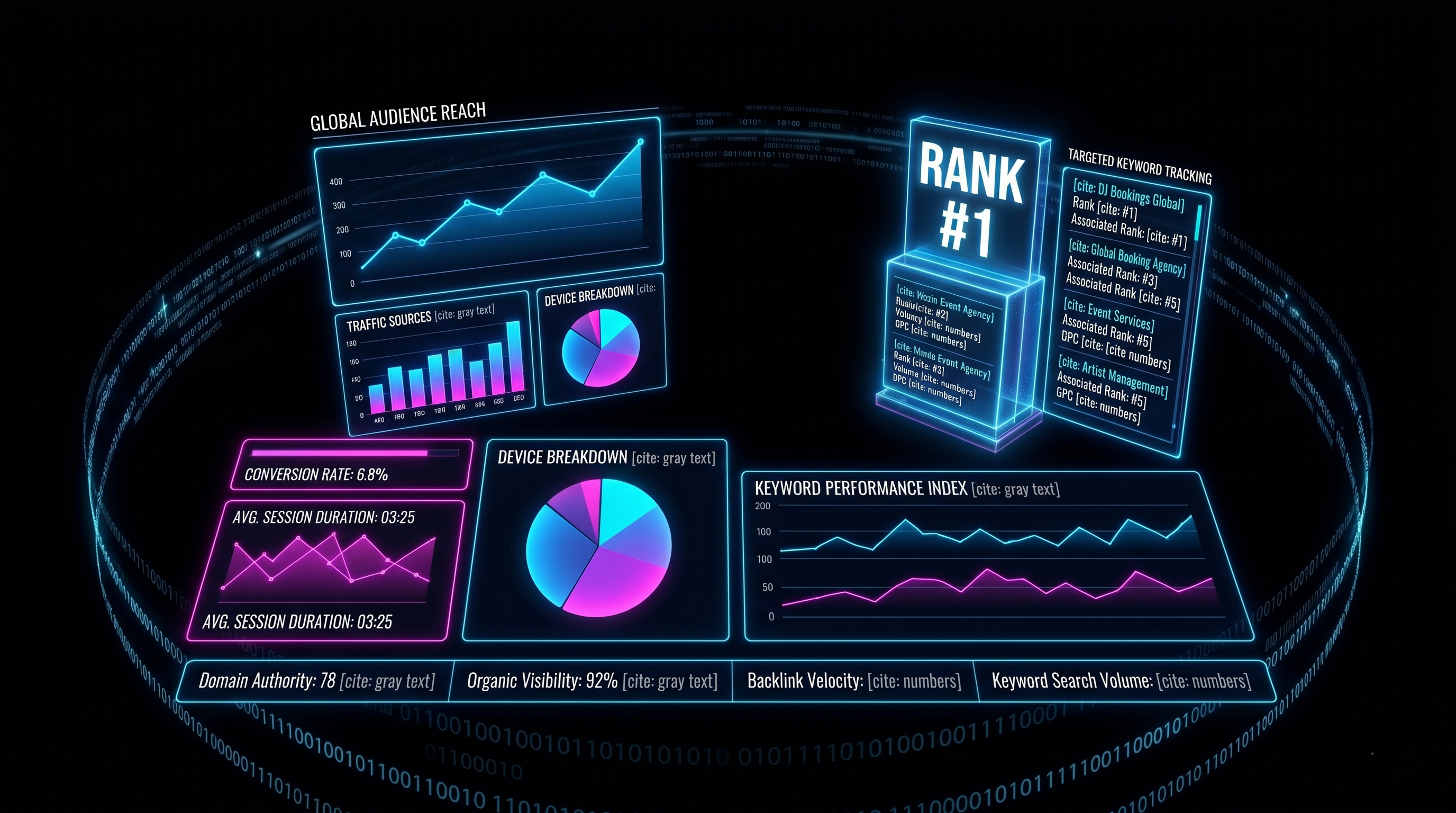 A high-end graphic displaying a dark-mode Google Search results page on a modern laptop screen, where a DJ's optimized landing page holds the rank-one position with green trending up-arrows under a magenta ambient studio light.