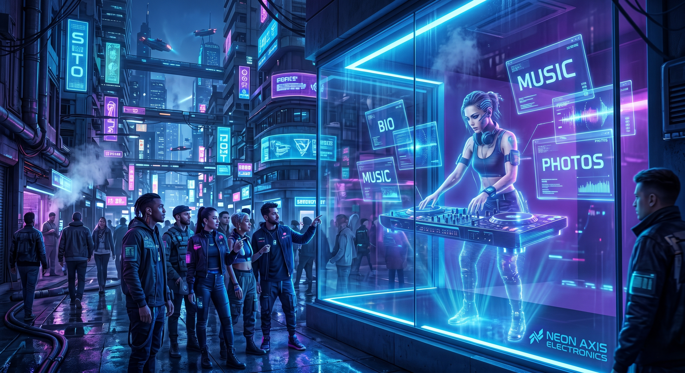 A futuristic cyberpunk department store window display showing a glowing 3D hologram of a DJ mixing, surrounded by digital screens reading BIO, MUSIC, and PHOTOS A futuristic cyberpunk department store window display showing a glowing 3D hologram of a DJ mixing, surrounded by digital screens reading BIO, MUSIC, and PHOTOS