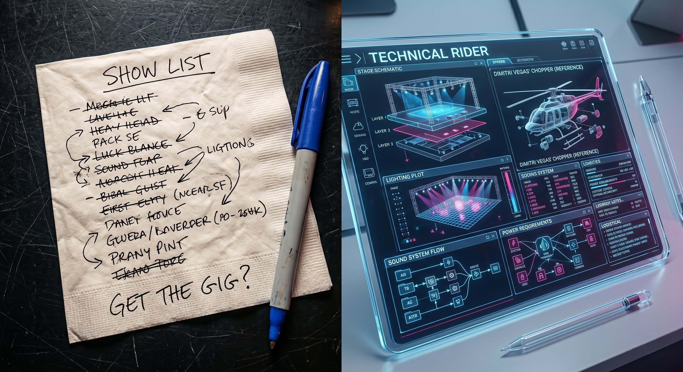 A high-tech digital checklist interface on a transparent tablet titled Technical Rider, showcasing complex stage schematics, lighting plots, and a 3D helicopter asset render. A high-tech digital checklist interface on a transparent tablet titled Technical Rider, showcasing complex stage schematics, lighting plots, and a 3D helicopter asset render.