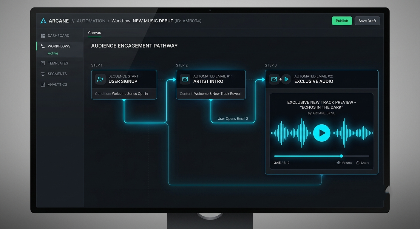 A dark-mode digital interface layout detailing a 3-step automated email marketing sequence with glowing electric blue connection lines and an embedded audio player mockup.