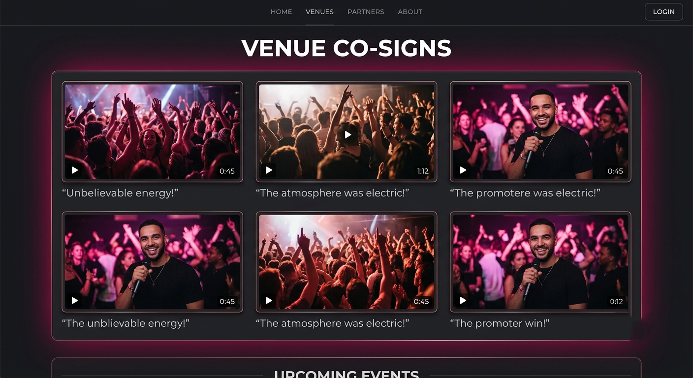 A premium dark-mode web page element displaying a video testimonial grid of packed dance floors and promoter quotes under a rich neon magenta ambient glow.