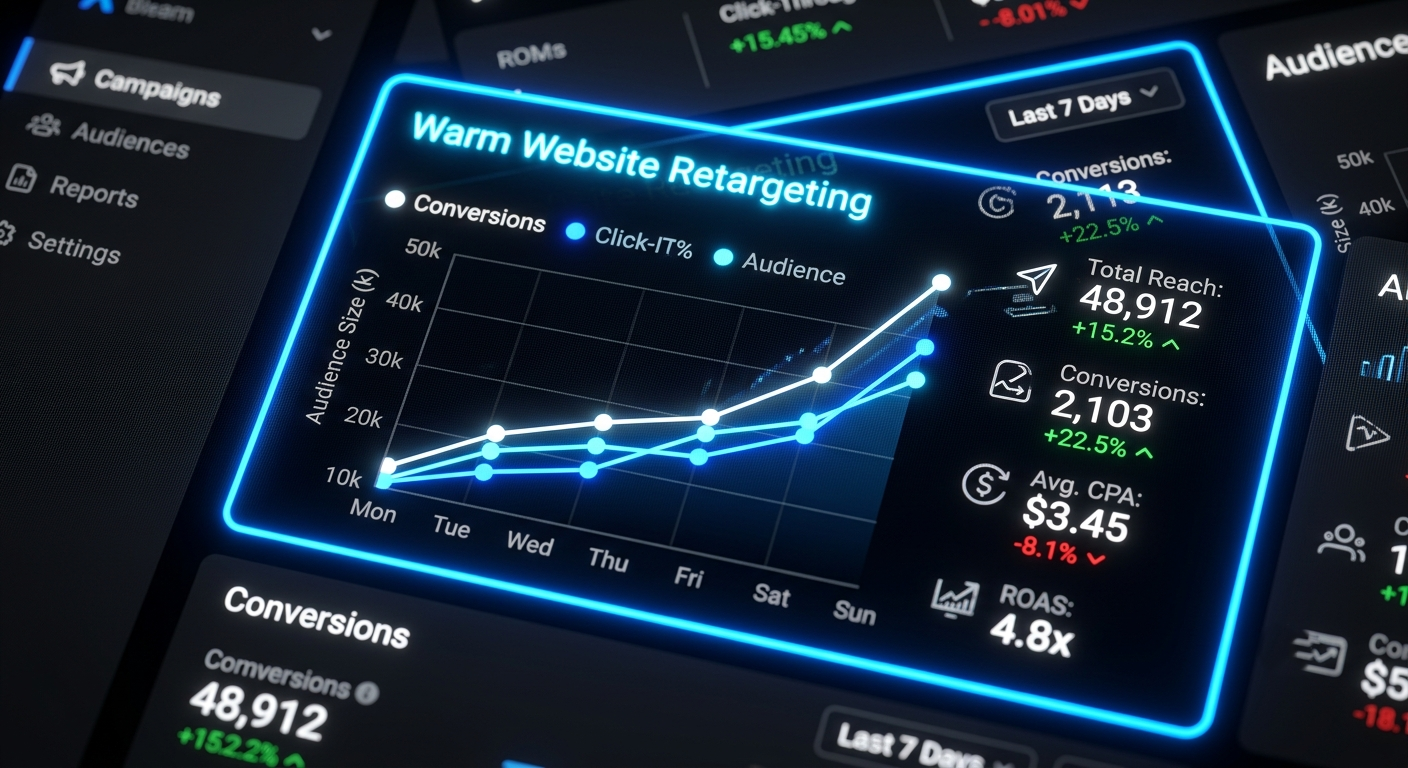 A close-up view of a digital advertising platform dashboard showing an upward-trending custom audience chart outlined by a sharp electric blue neon border.
