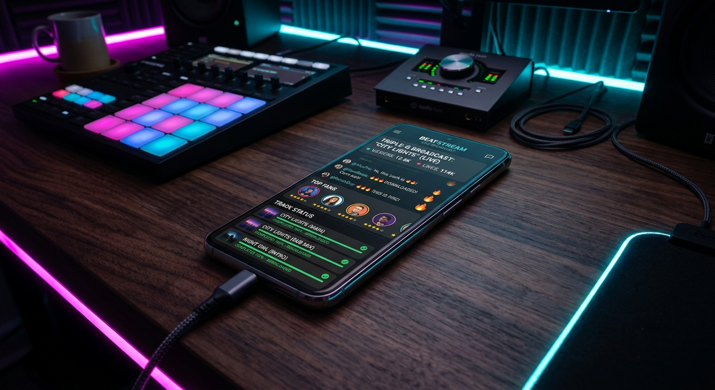 A borderless smartphone displaying a mobile text broadcast screen with fan engagement charts resting on a producer desk lit by neon magenta light strips.