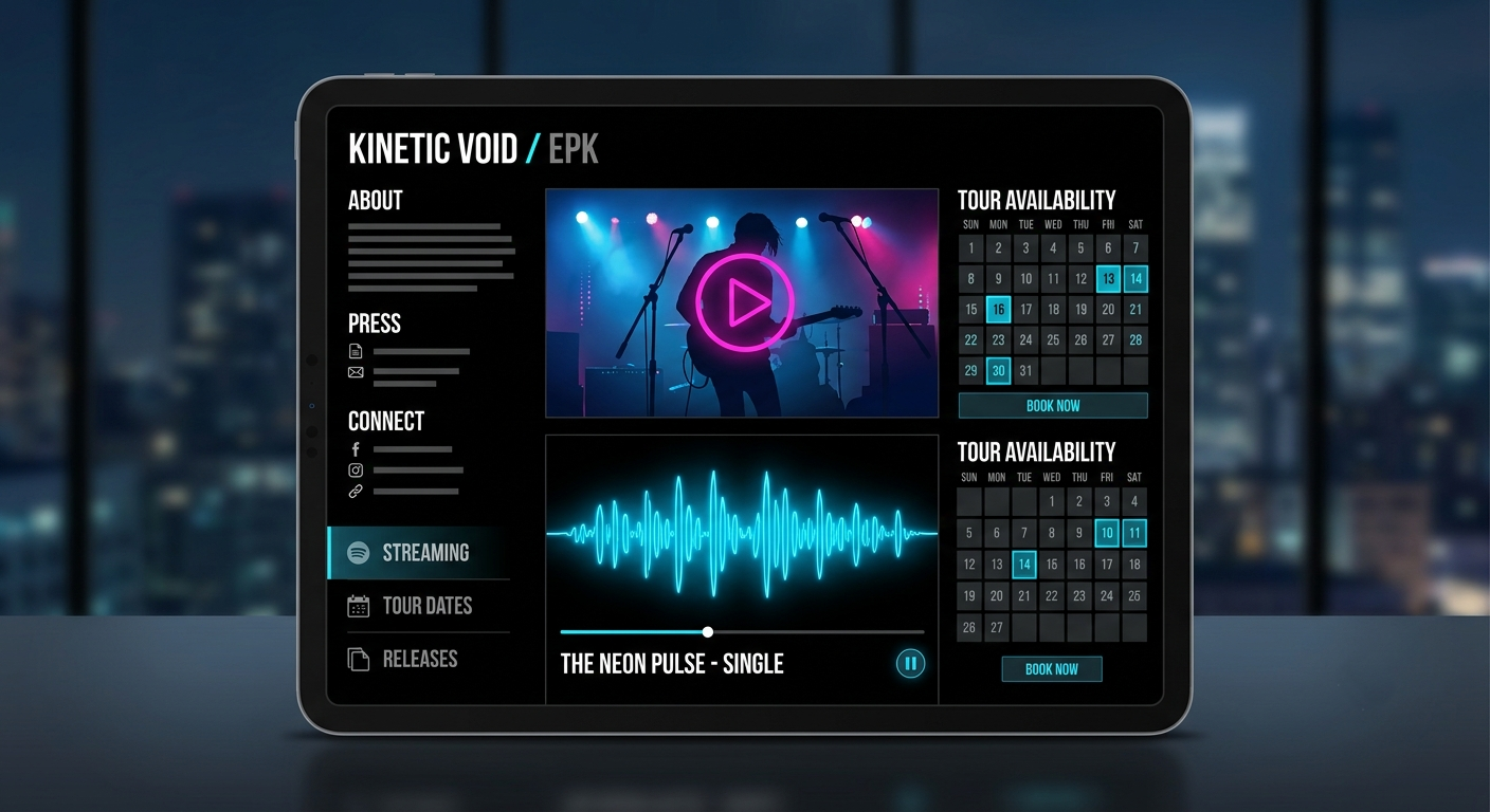 A modern tablet screen displaying a premium dark-mode Electronic Press Kit EPK interface featuring neon blue audio waveforms and a magenta video player icon.