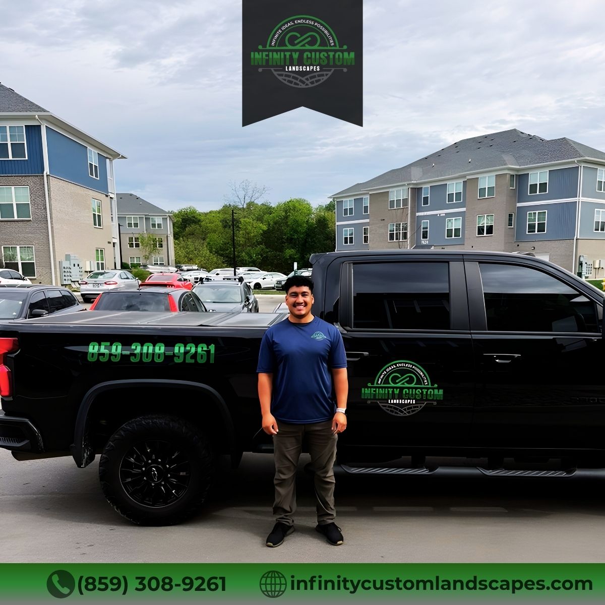 Bryan S. Duffy, owner of Infinity Custom Landscapes, standing proudly with company logo in Alexandria KY—local landscaping and hardscaping expert.