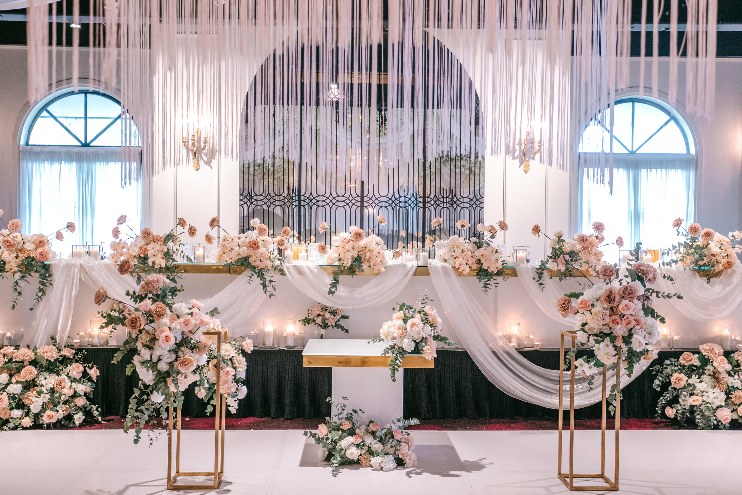 Blush bridal table with drapery and crystal strands