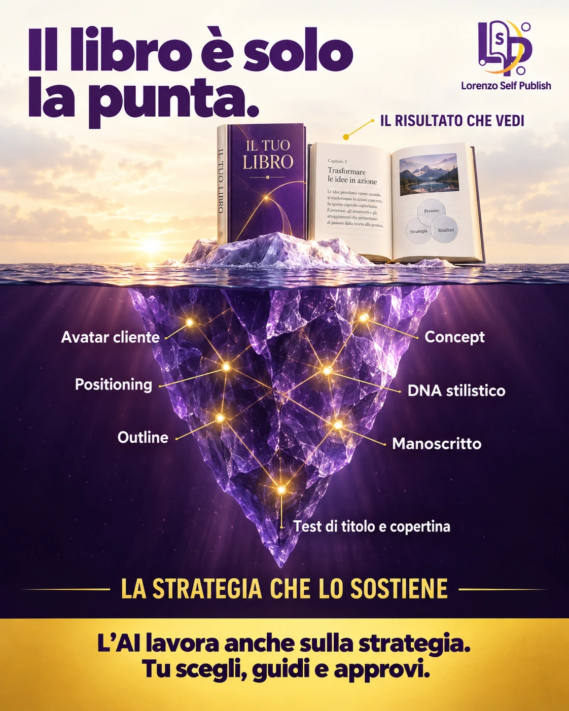 Il libro finito è la punta di un iceberg. Sotto la superficie, la strategia editoriale sostiene copertina e pagine impaginate.