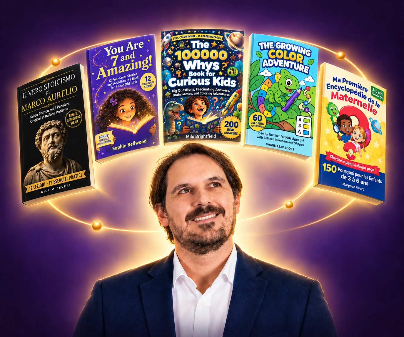 Lorenzo con una selezione di libri, nel visual della campagna Anno Zero
