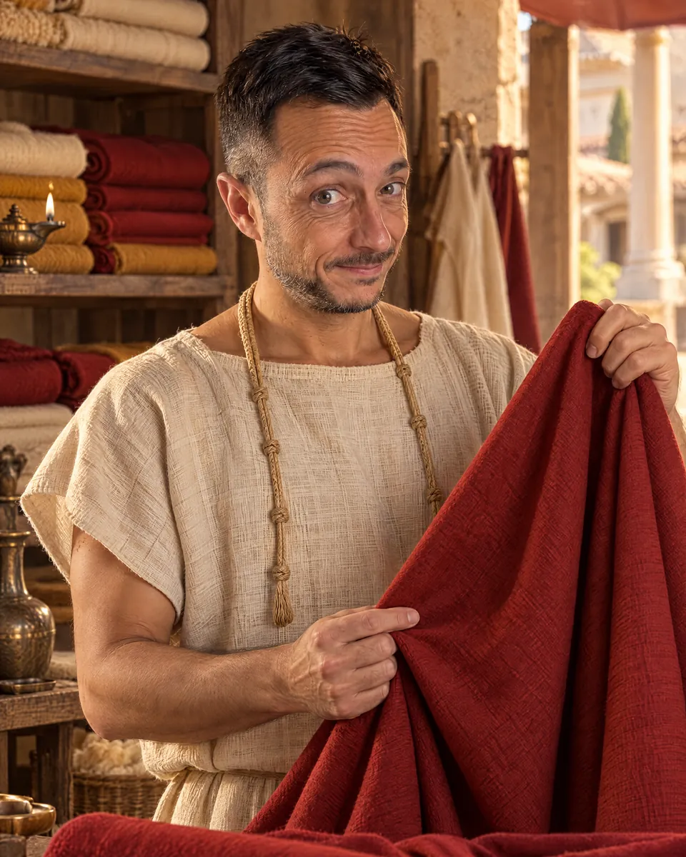 Alfredo Piliego in costume da sarto romano, con un drappo di lana rossa