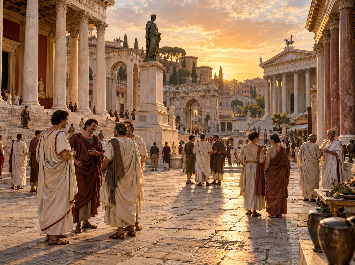 Il foro romano al tramonto, con gruppi di persone che parlano tra le colonne