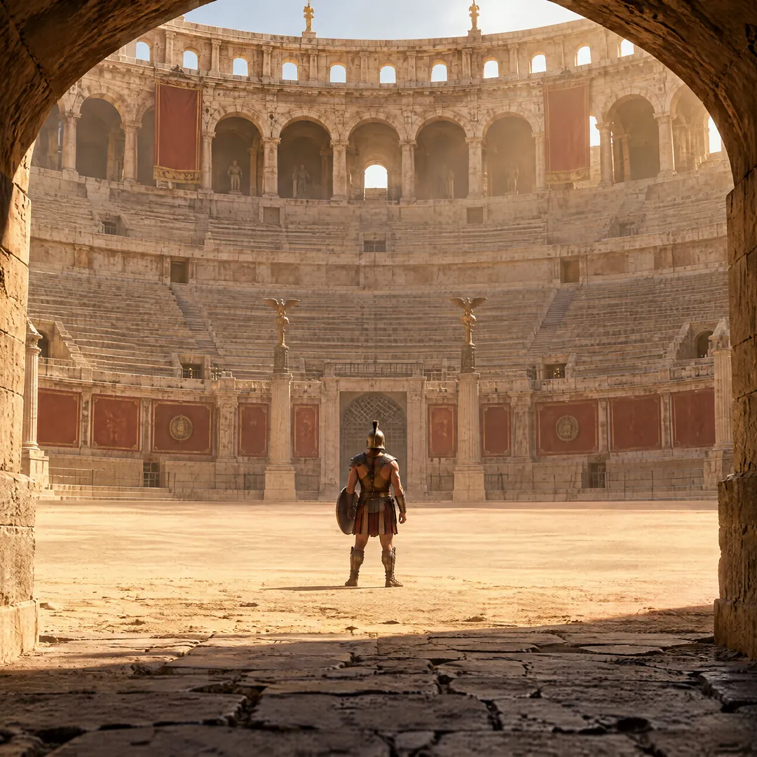 L'ingresso buio di un anfiteatro romano: in fondo, sulla sabbia, un gladiatore da solo davanti alle gradinate vuote
