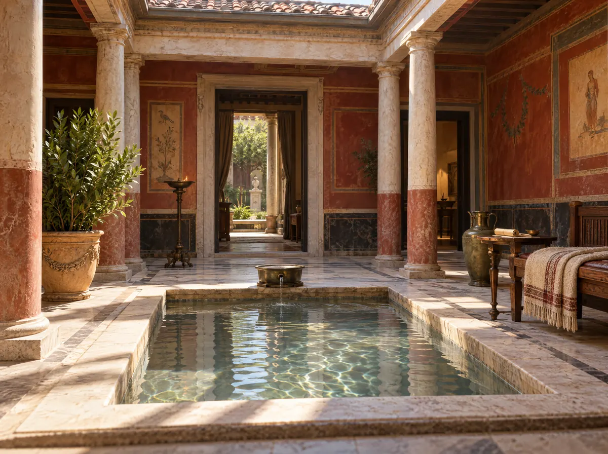 L'atrio luminoso di una casa romana, con la vasca dell'impluvio