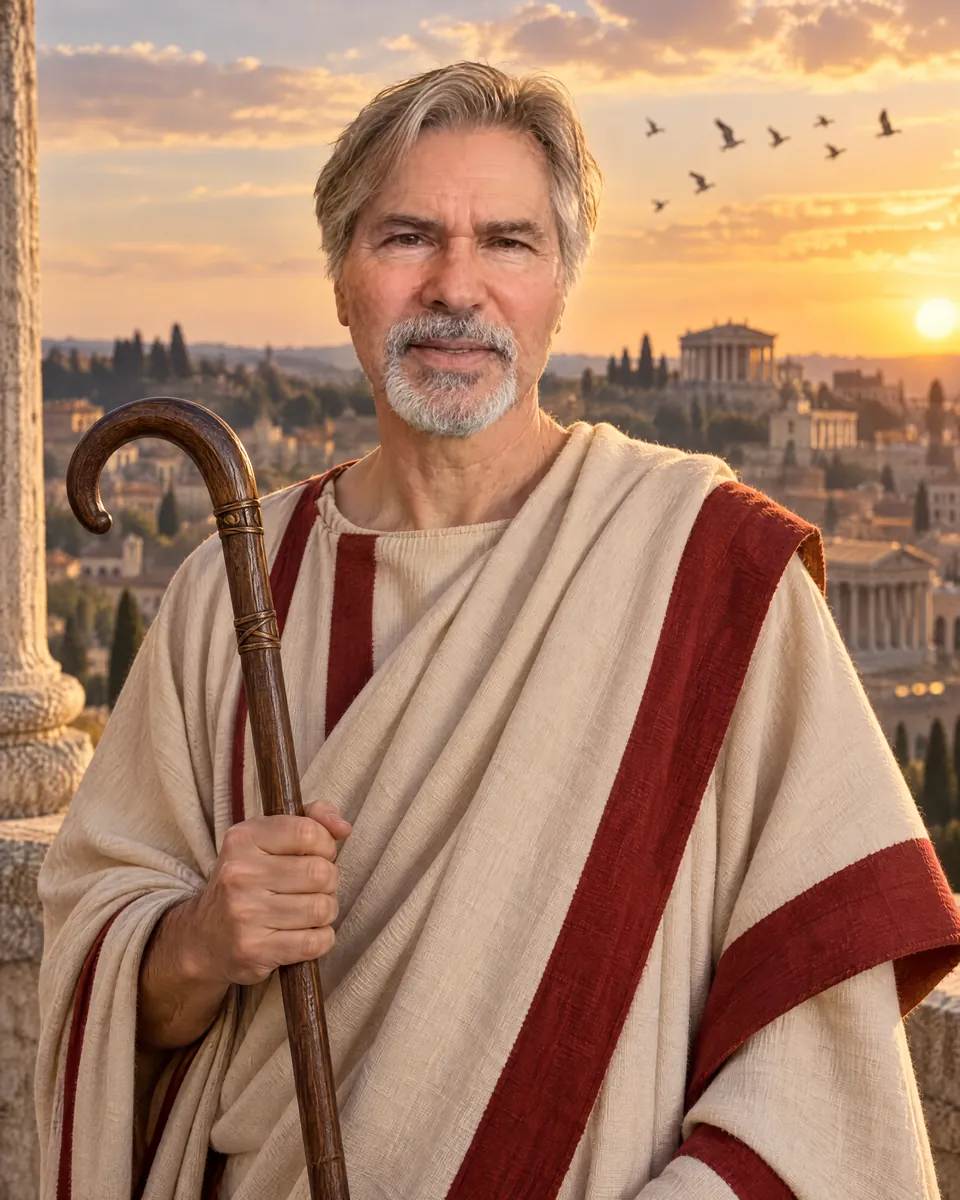 Dorian Maras in costume da augure romano, con il bastone ricurvo, su una terrazza sopra Roma