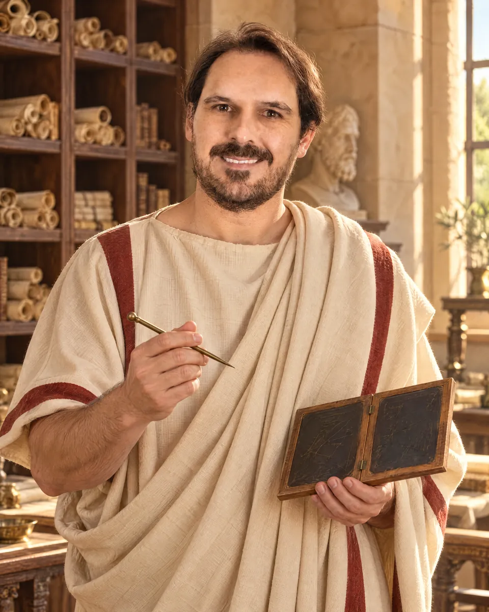 Lorenzo in costume da maestro romano, con una tavoletta di cera e lo stilo, in una biblioteca di rotoli