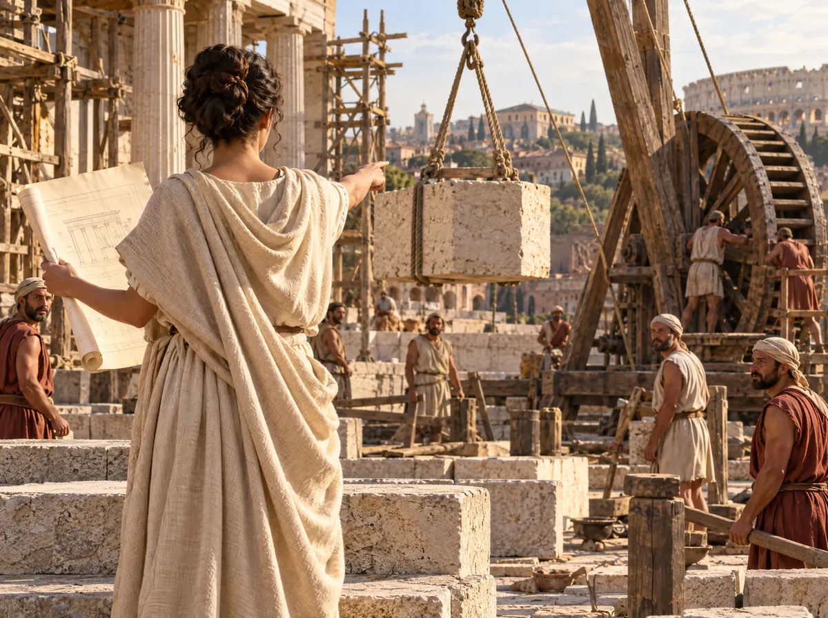Una donna di spalle, al centro del cantiere, tiene il progetto e indica dove va la pietra