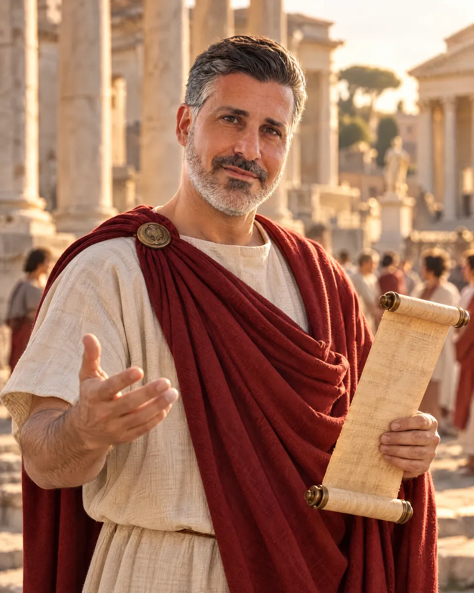 Mimmo Ciccarelli in costume da banditore romano, con un rotolo di annunci nel foro
