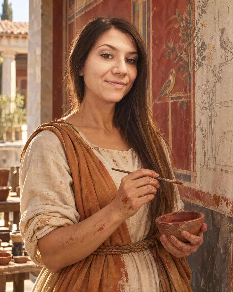 Valentina Cavallo in costume da pittrice di affreschi, con pennello e ciotola di pigmento