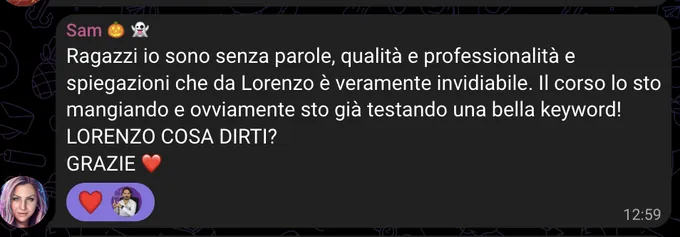Messaggio di Sam: qualità, professionalità e spiegazioni, e sta già testando una keyword.