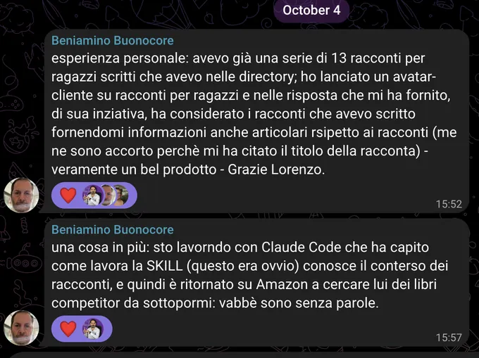 Messaggi di Beniamino Buonocore: la skill dell’avatar ha tenuto conto da sola dei racconti che aveva già scritto, e Claude Code è tornato su Amazon a cercare i libri concorrenti.