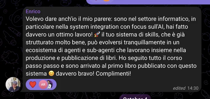 Messaggio di Enrico, che lavora nella system integration con l’AI: ha seguito tutto il corso passo passo ed è arrivato al primo libro pubblicato con il sistema.