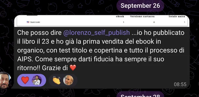 Messaggio nel gruppo con il report delle vendite: libro pubblicato il 23, prima vendita dell’ebook in organico, con test di titolo e copertina e tutto il processo di AI Publishing System.