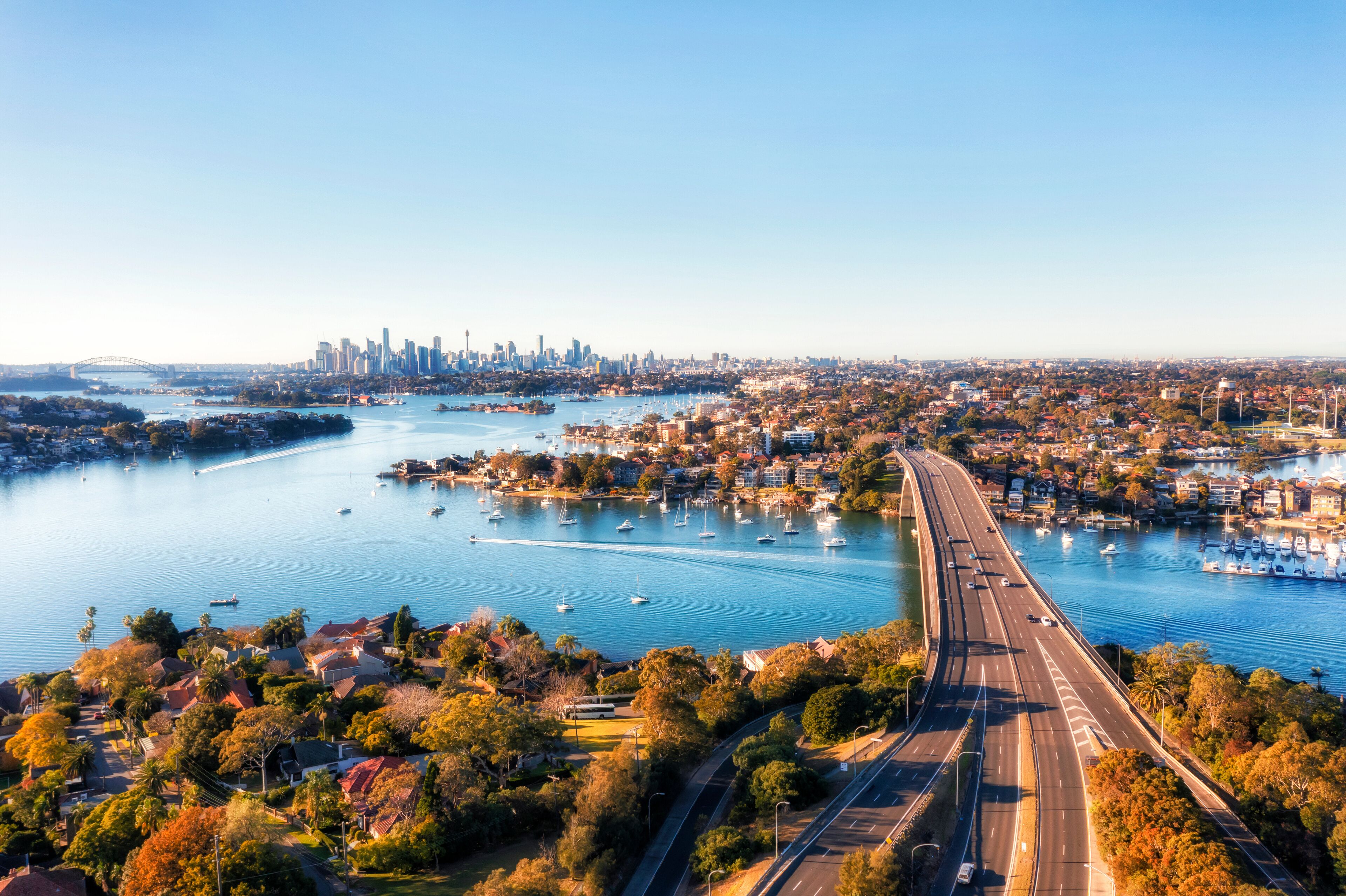 Sydney Harbour and the city skyline from above