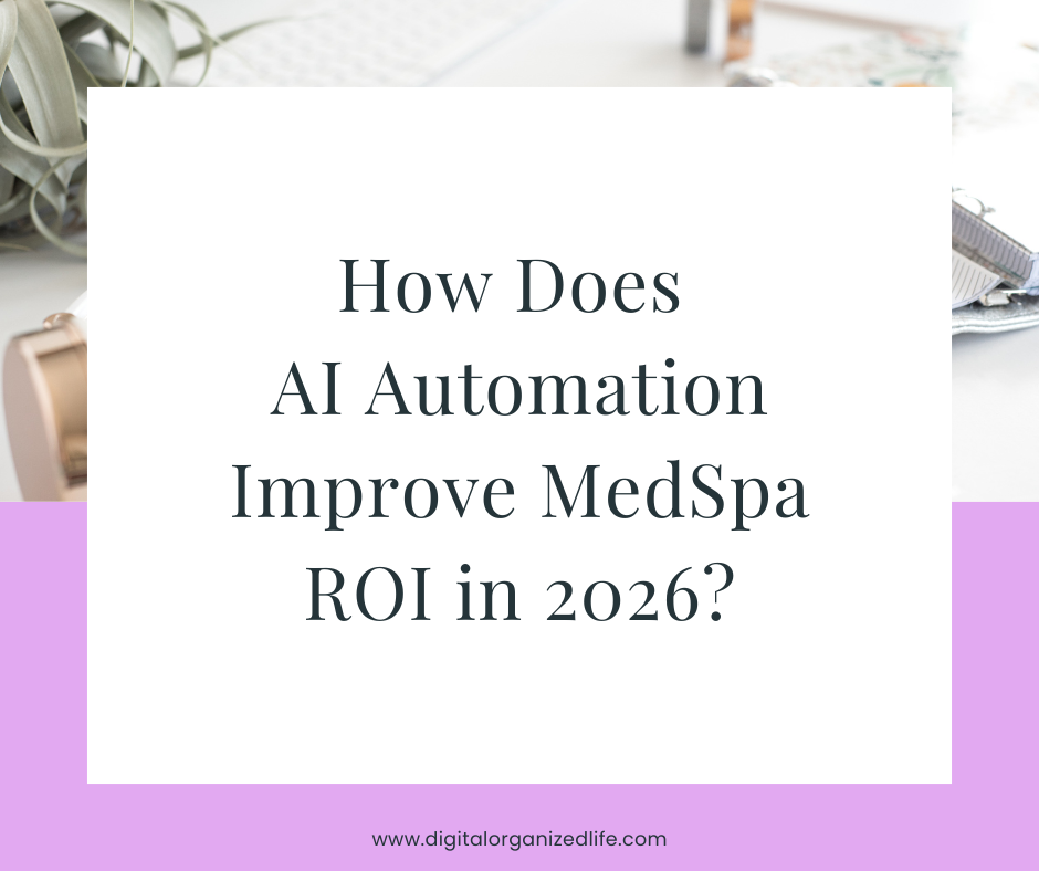Educational graphic asking How Does AI Automation Improve MedSpa ROI in 2026? with a modern office aesthetic and lavender branding. Educational graphic asking How Does AI Automation Improve MedSpa ROI in 2026? with a modern office aesthetic and lavender branding.