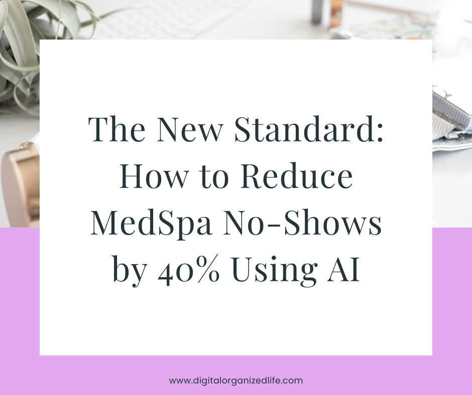 A informational graphic titled The New Standard: How to Reduce MedSpa No-Shows by 40% Using AI, featuring clean office decor and the Digital Organized Life website URL