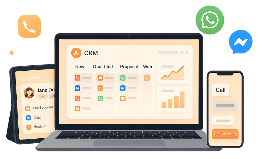 Tableau de bord CRM AELESTRA montrant la boîte de réception unifiée et le pipeline