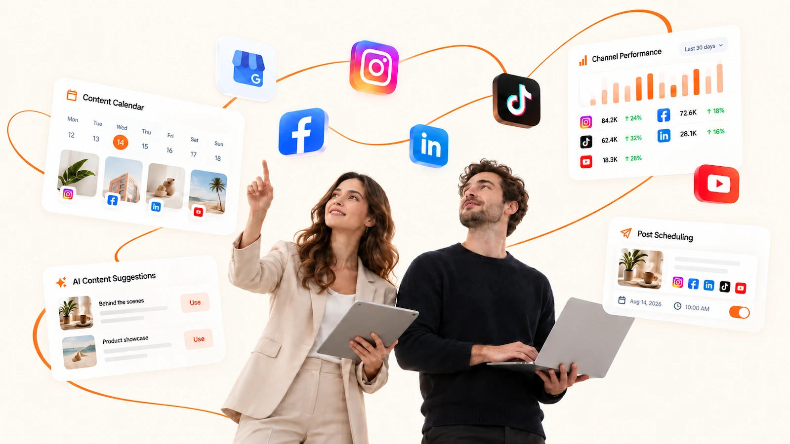Espace de gestion des médias sociaux AELESTRA pour planifier et publier du contenu sur plusieurs réseaux