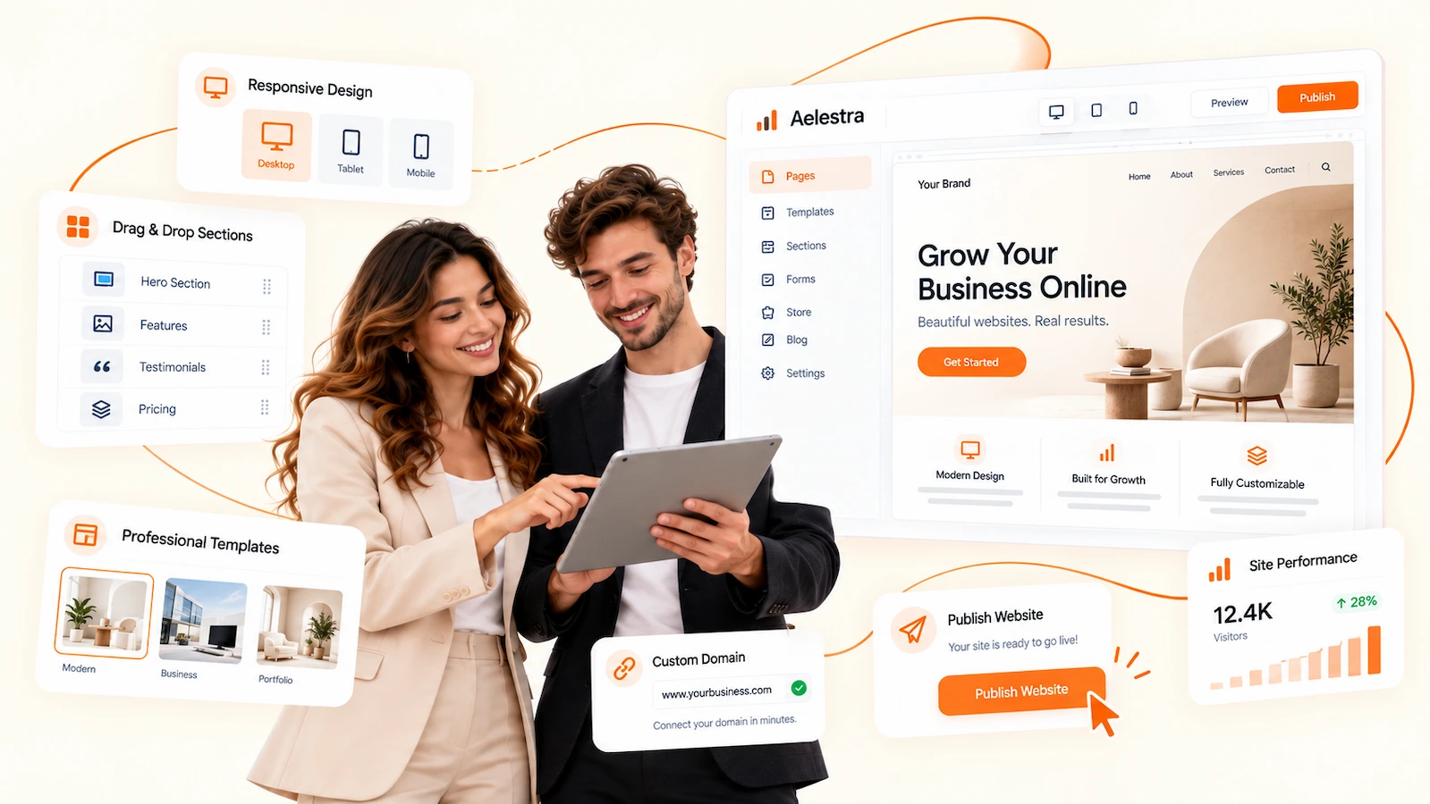 Constructor de sitios web de AELESTRA con editor de arrastrar y soltar, plantillas profesionales, diseño adaptable y herramientas de rendimiento web