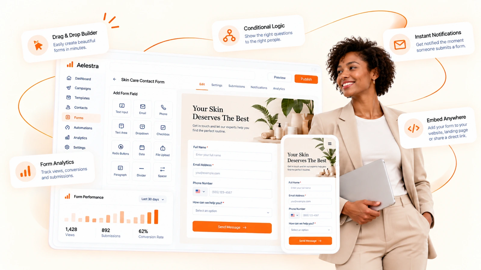Creador de formularios AELESTRA con edición mediante arrastrar y soltar, lógica condicional, diseño adaptable, envíos, notificaciones y análisis de formularios