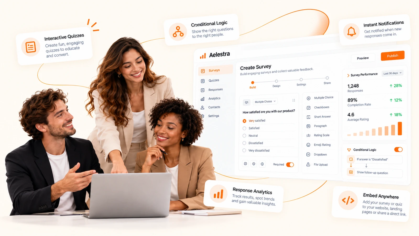 AELESTRA Survey and Quiz Builder showing interactive questions, conditional logic, quizzes, response analytics and customer insights