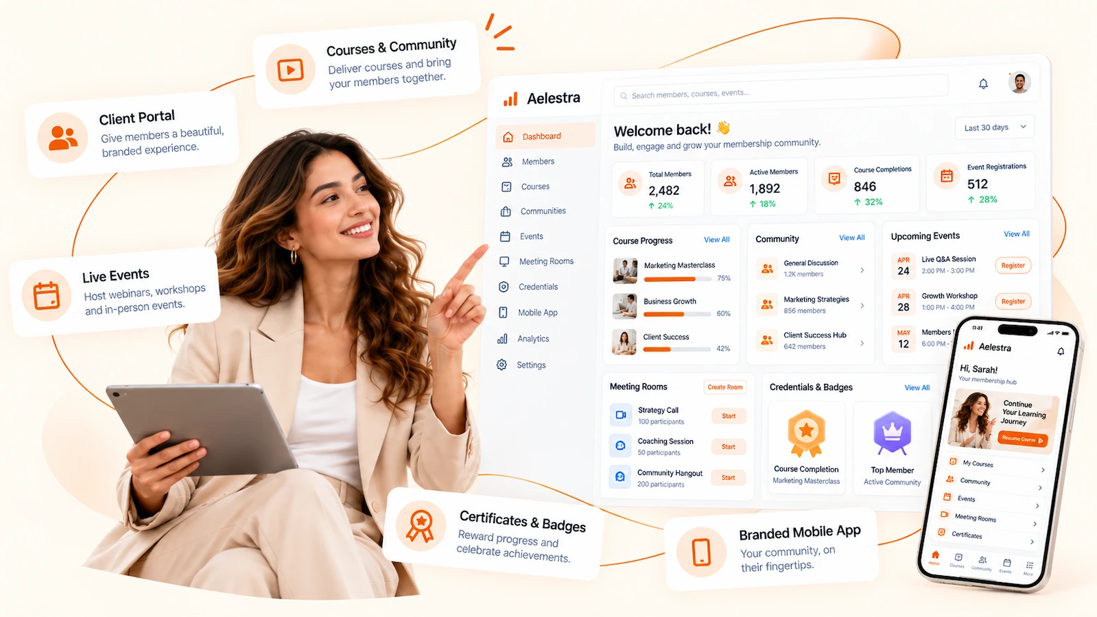 AELESTRA Membership Management showing client portal, courses, communities, live events, credentials and branded mobile app tools