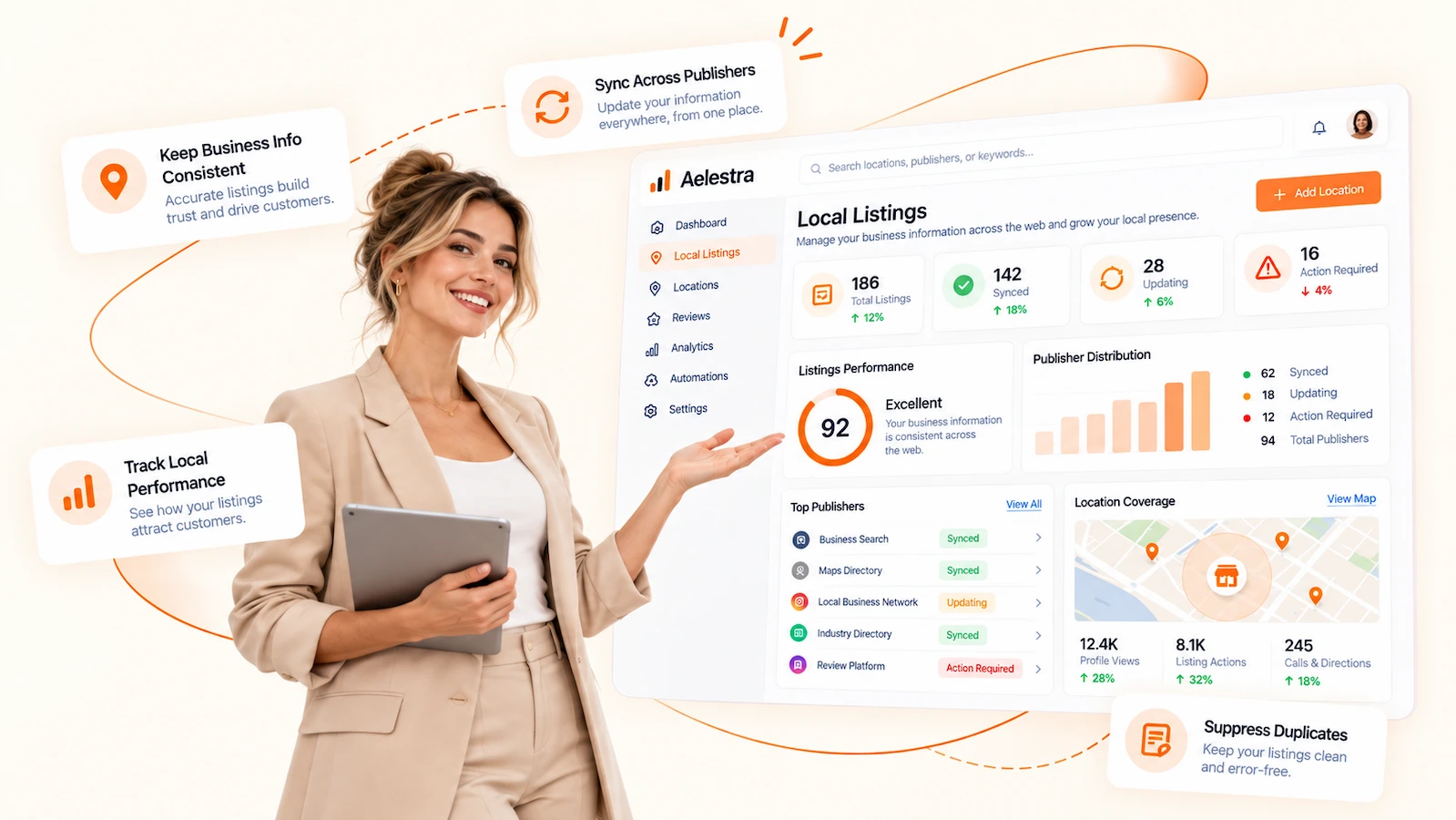 AELESTRA Local Listings dashboard showing business listing sync, publisher distribution, profile accuracy, local search visibility and listing performance management