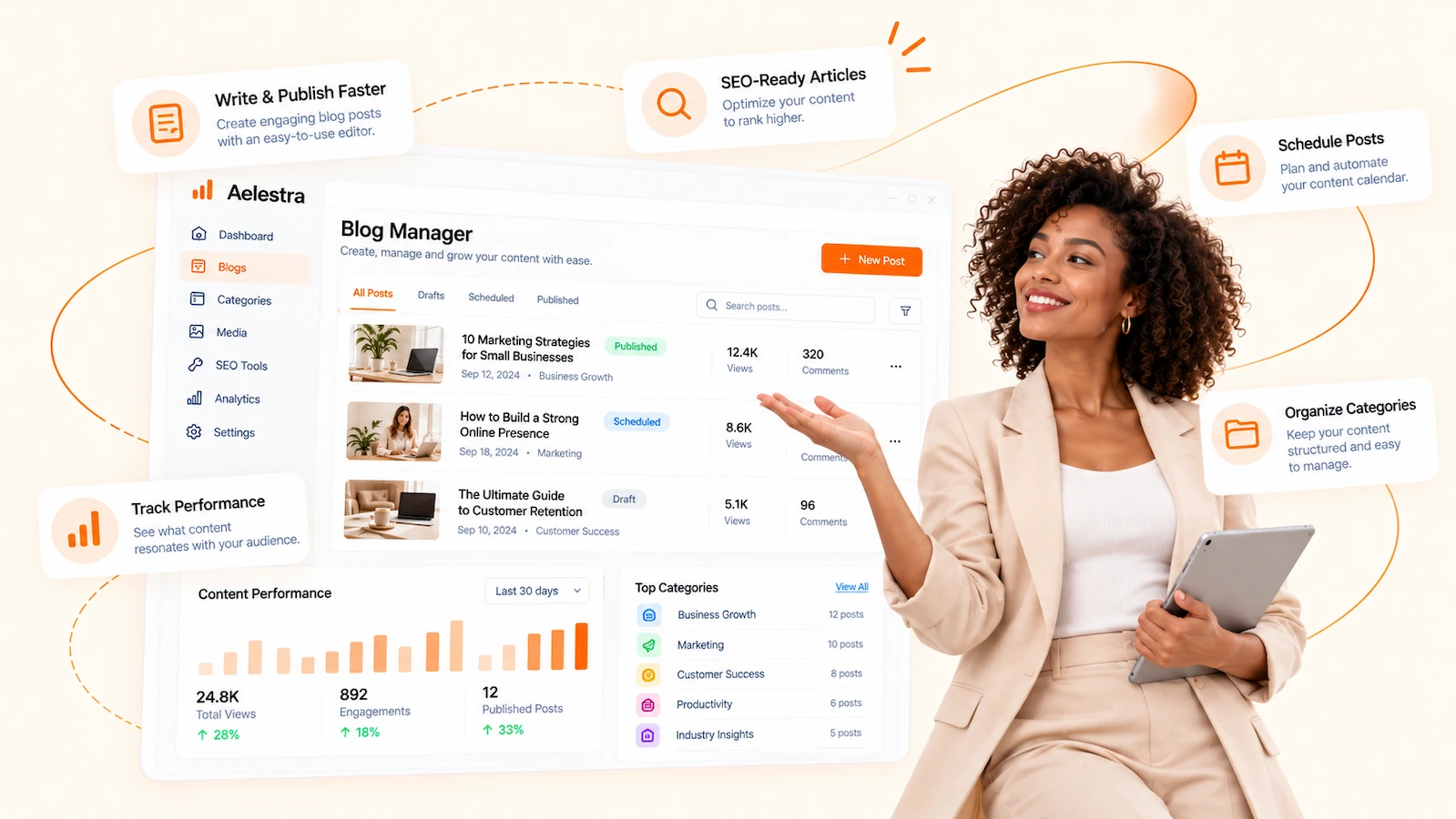 Plateforme AELESTRA de gestion de blogue et de publication de contenu pour créer des articles optimisés pour le SEO, organiser les catégories, planifier les publications et suivre la performance du contenu