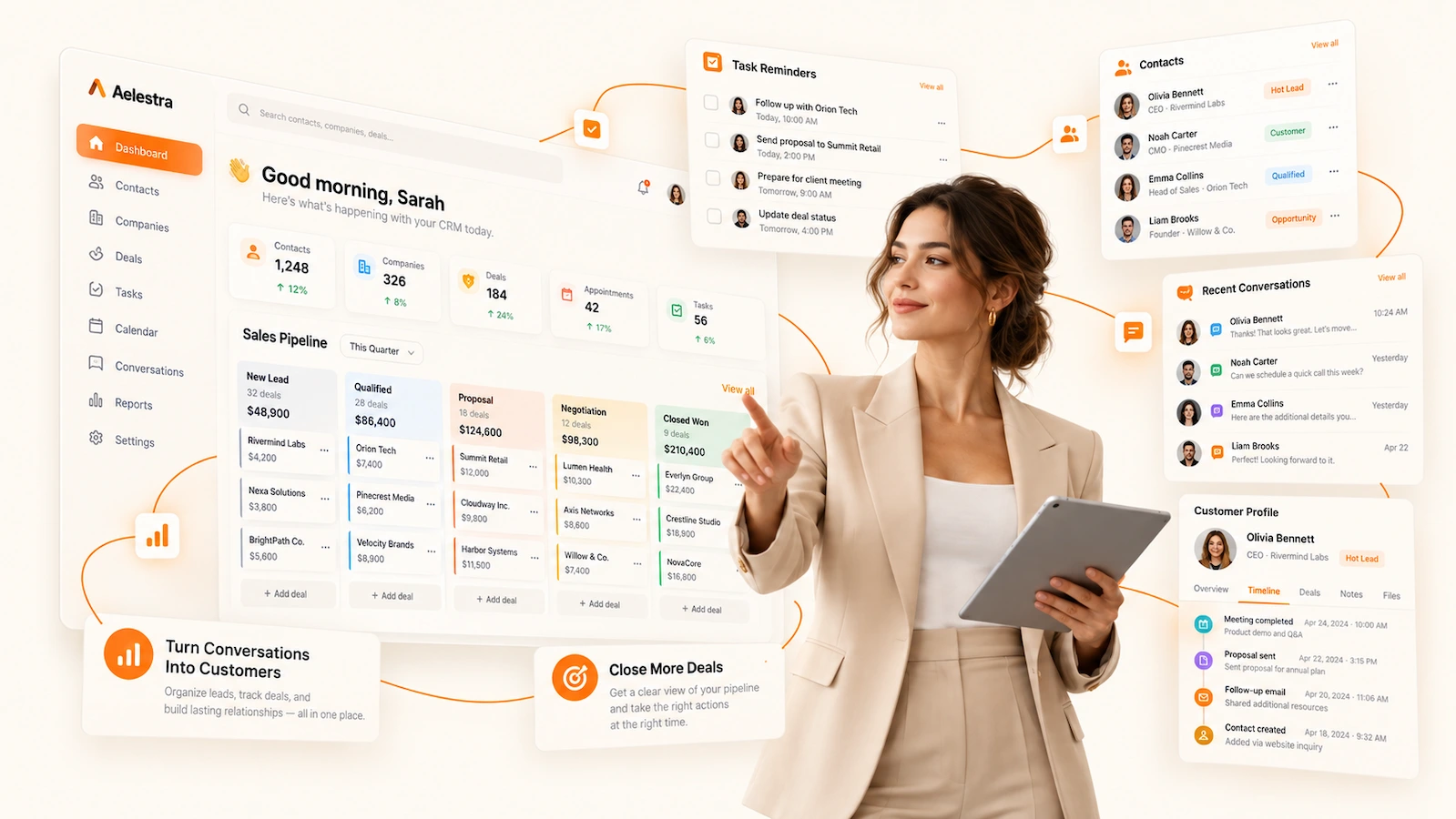 Plataforma CRM AELESTRA para gestionar leads, clientes, empresas, pipelines de ventas, oportunidades, conversaciones, tareas, citas y automatización comercial