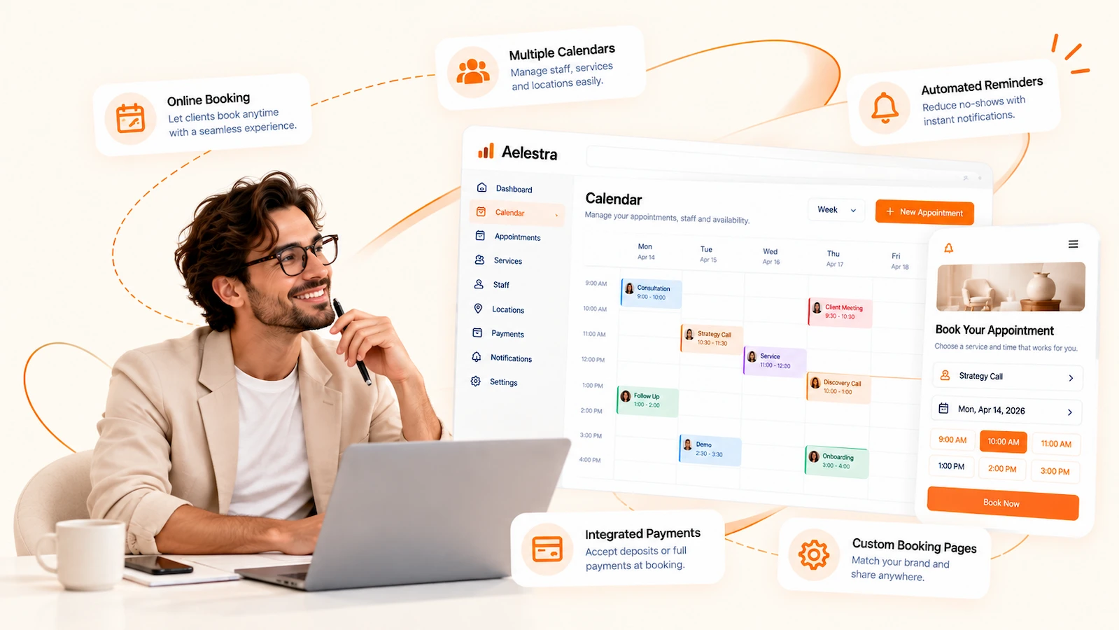 AELESTRA online booking and appointment scheduling platform showing calendar management, customer booking pages, staff availability, automated reminders, calendar synchronization and integrated payments